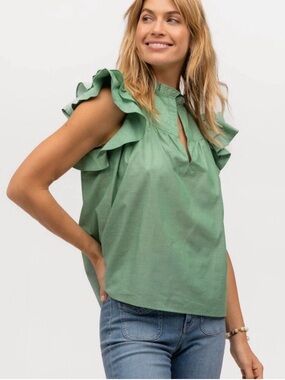 Sarah Alexandra Flutter Sleeve Green Lime Salt Cotton Blouse M NWT Made in Italy
